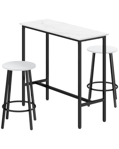  Set 3 Pezzi con Tavolo Rettangolare e 2 Sgabelli da Bar in Truciolato, MDF e Acciaio, Bianco e Nero