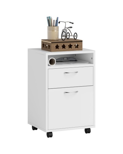 4-Wheel Office File Cabinet with Open Shelf and 2 Drawers, Wood and Metal Office Storage, 40x35