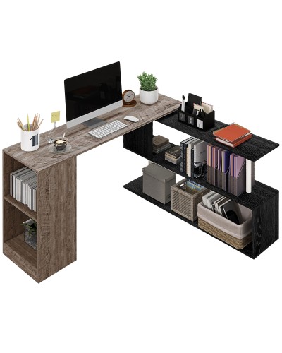 Space-Saving Corner Desk with S-Shaped Shelf, Wood, 140x120x78 cm, Grey Wood Effect