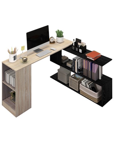 Space-Saving Corner Desk with S-Shaped Shelf, Wood, 140x120x78 cm, Wood Color