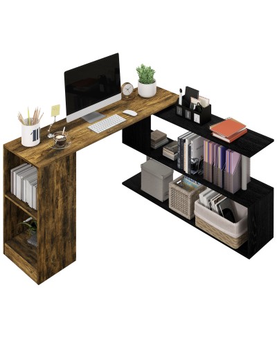 Space-Saving Corner Desk with S-Shaped Shelf, Wooden, 140x120x78 cm, Brown and Black