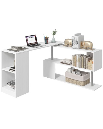 Modern Corner Swivel Desk with Bookshelf, White Chipboard Dining Table, 140x120x78 cm