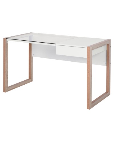 Modern Design Desk in Wood and Tempered Glass with Drawer, White and Wood Color, for Office, 120x60x75cm