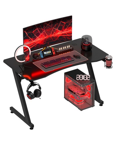  Scrivania da Gaming in Legno e Acciaio con Passacavi, Scrivania per Computer Portabicchieri e Gancio per Cuffie, Nero,120x65x74