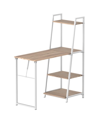 Folding Desk with 4-Tier Bookshelf, Space-Saving Metal and Wood Writing Table, 106x48x128cm, Oak