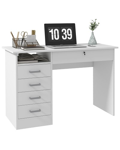 Modern Desk with 5 Drawers and Open Compartment with Lock and 2 Keys, 110x50x76cm, White