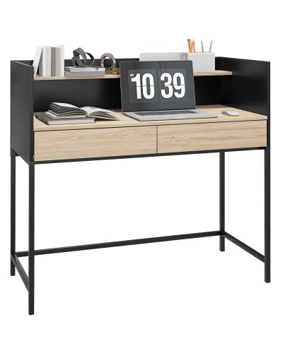 2-Drawer Desk with Top Shelf, Wood and Steel, 106x51.5x102.5 cm, Black and Oak Finish