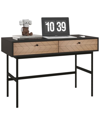  Scrivania da Ufficio Moderna con 2 Cassetti, in Acciaio e MDF, 106x50x77 cm, Nero e Rovere