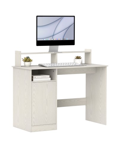  Scrivania Moderna con Supporto per Monitor, Armadietto e Ripiani, 108x50x94 cm, Crema