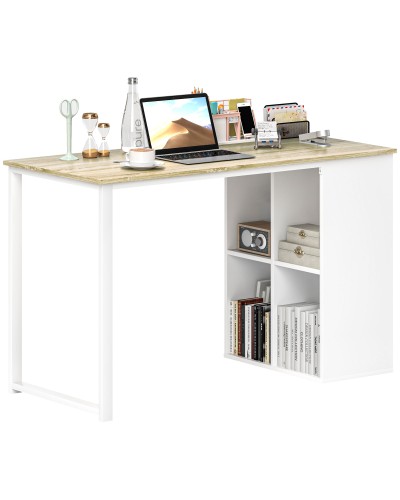 Space-Saving Computer Desk with 4 Open Shelves, Wood and Steel, 120x54x75 cm, White and Oak