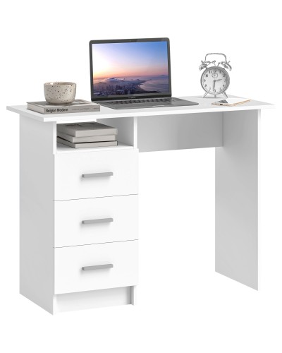 Modern Wooden Desk with 3 Drawers and Open Shelf, 100x40x75 cm, White and Brown