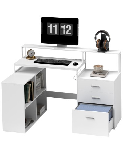 Office Desk with 2 Tables, 4 Shelves, 3 Drawers and Monitor Stand, Wood, 138.5x90x92 cm, White
