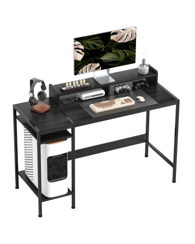  Scrivania PC con Supporto per Monitor e 2 Ripiani Regolabili, in Legno e Acciaio, 120x48x85.5 cm, Nero