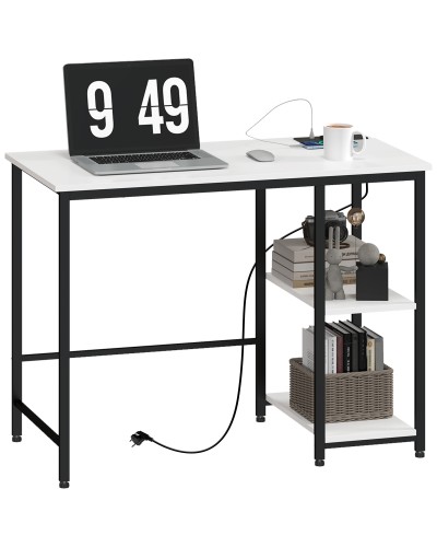 Desk with 2-Tier Shelf and Charging Outlets, Wood and Metal, 100x50x75 cm, Black and White