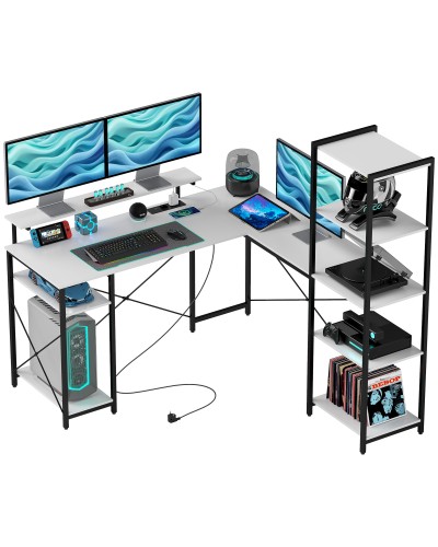 Corner Desk with Power Outlet & USB, Shelf and Monitor Stand, Black and White
