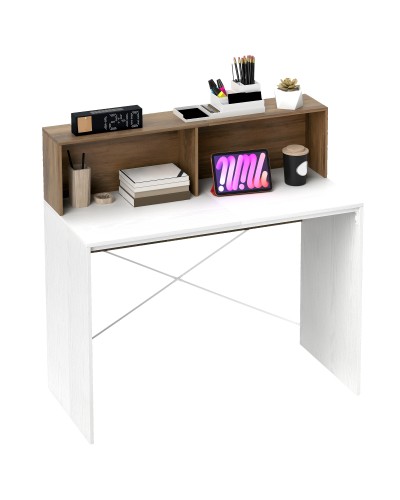  Scrivania PC Moderna con Piano Rialzato e 2 Ripiani, in Truciolato, 110x50x102.6 cm, Bianco, Marrone e Noce