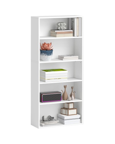 5-Tier Bookshelf with 3 Adjustable Shelves, Wooden Bookcase, 60x24x133.5 cm, White