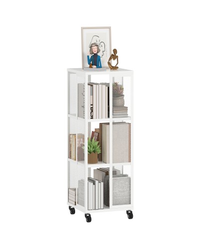 Modern 3-Tier Mesh Metal Bookcase with Wheels, 35x35x99 cm, White