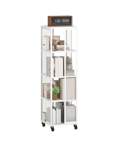 Modern 4-Tier Mesh Metal Bookcase with Wheels, 35x35x129 cm, White