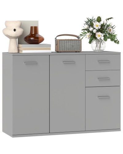  Credenza Moderna con 3 Armadietti e 2 Cassetti, in Legno, 106x35x76 cm, Grigio Chiaro