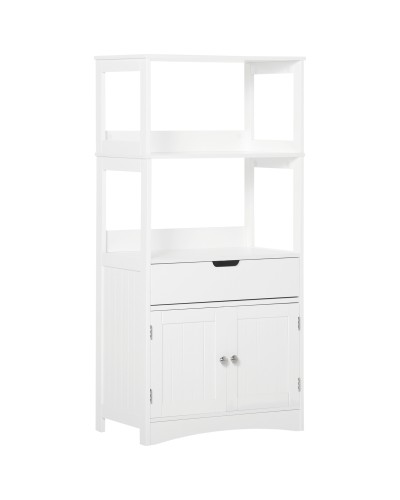 Bathroom Vanity Unit with Shelves, Cabinet and Drawer, Wooden Multi-Purpose Bathroom Cabinet, White, 60x33x122.5cm