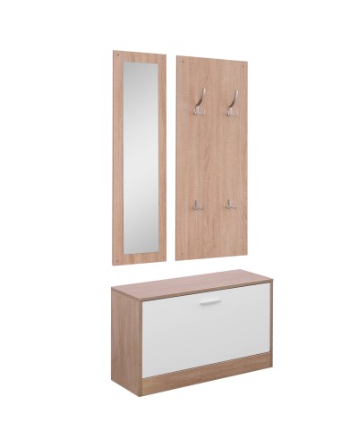 Wooden Hallway Set 3 Pieces with Shoe Cabinet, Coat Rack and Mirror, 80x27x46.5cm - Wood Color