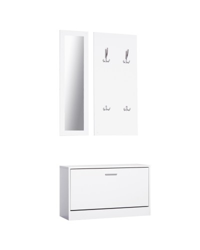  Mobile per Ingresso in Legno Set 3 Pezzi con Scarpiera, Appendiabiti e Specchio, 80x27x46.5cm - Bianco