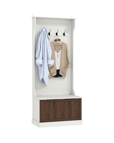 3-in-1 Coat Rack with Storage Bench, 4 Hooks, Wooden, 71.5x39.5x170 cm, White