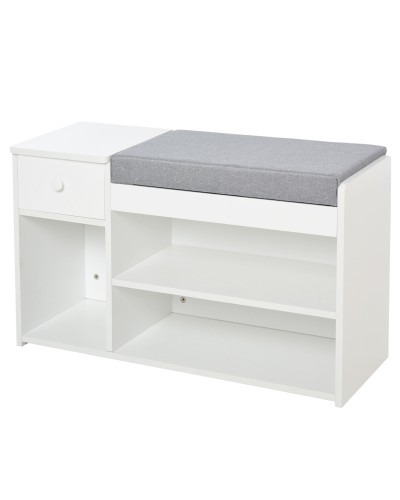  Panca Scarpiera con Cuscino, Cassetto e 3 Vani Aperti in Legno, 81x31.5x49cm, Bianco