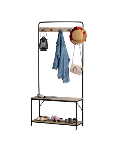  Appendiabiti con Panca e Scarpiera in Stile Industriale, Mobile per Ingresso Vintage in Legno e Acciaio Nero
