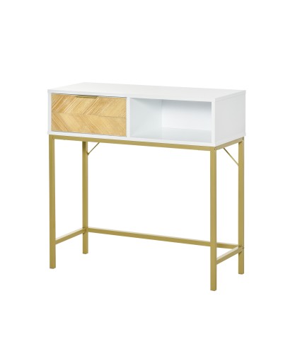  Tavolo Consolle in Legno, Consolle da Ingresso o Salotto con Design Moderno, Bianco e Oro, 80x30x80.5cm