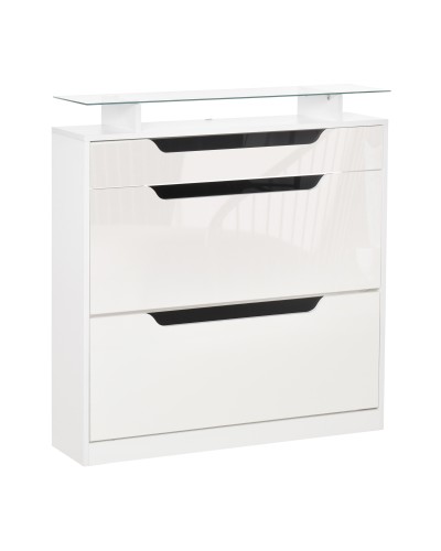 Modern Shoe Cabinet with 2 Drawers for 16 Shoes, Flip-Down Shoe Storage with Adjustable Shelf and Glass Top, 89x23x96cm, White