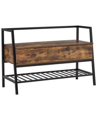  Mobile Scarpiera in Stile Industriale con Vano, Panca Scarpiera Vintage Salvaspazio in Legno e Metallo, Marrone Rustico, 90x37x