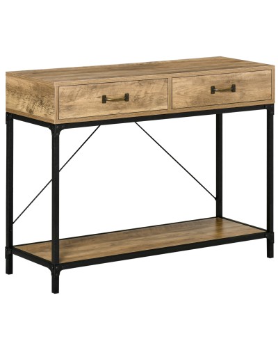 Vintage Style Metal and Wood Console Table with 2 Drawers and Shelf, 100x35x76.5cm, Brown
