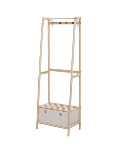 Natural Wood Coat Rack with 4 Hooks, 3 Shelves and 2 Fabric Drawers, 58x36x168cm