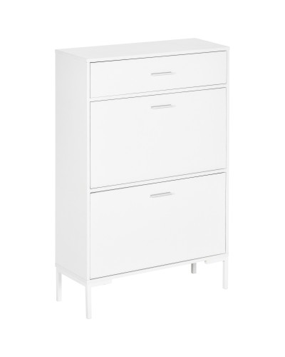  Mobile Scarpiera Moderno per 12 Paia di Scarpe con 2 Ante a Ribalta e Cassetto, 76x26x110 cm, Bianco