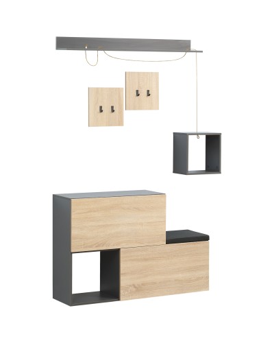  Set Mobile da Ingresso con Attaccapanni, Scarpiera con Panca e Scaffale, Grigio e Naturale