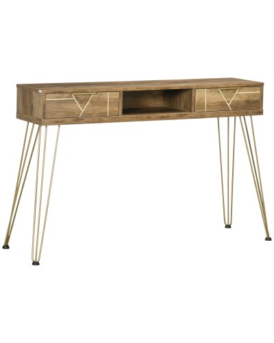  Tavolo Consolle in Truciolato e Acciaio per Ingresso e Soggiorno con Ripiano Aperto e 2 Cassetti, 120x29x79 cm