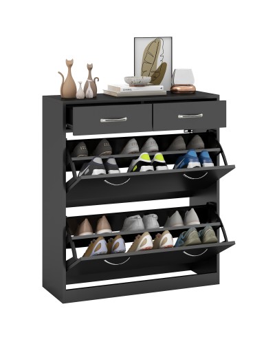  Mobile Scarpiera da 12 Paia con 2 Ripiani Interni Regolabili e 2 Cassetti, in Legno, 80x30x91.5 cm, Nero