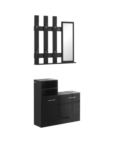  Set Appendi Abiti da Ingresso con Specchio e Scarpiera per 8 Paia di Scarpe, Nero Lucido
