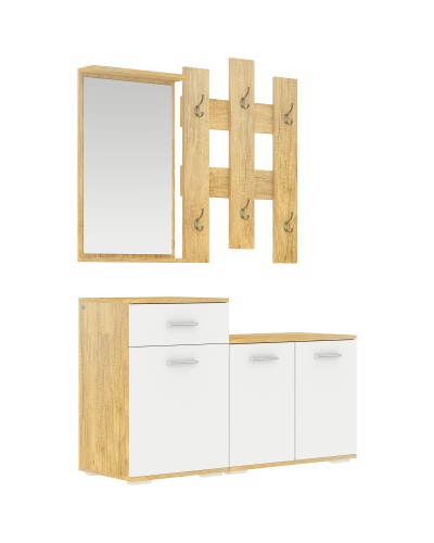 3-in-1 Entryway Set with Wall-Mounted Coat Rack, Mirror, and Shoe Bench with Wooden Seat