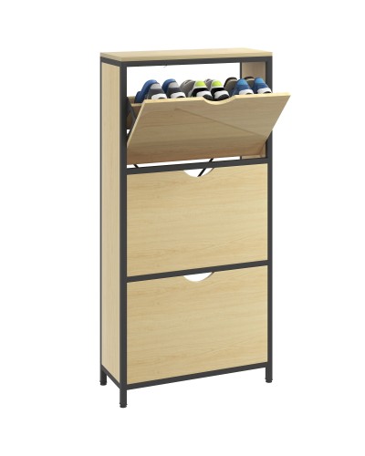  Scarpiera Slim con 3 Cassetti e Ripiani Regolabili per 18 Paia di Scarpe, 60x24x124cm, Rovere