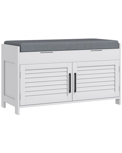  Panca Scarpiera con Ripiano Interno Regolabile su 3 Livelli, in MDF e Simil Lino, 90x36x50 cm, Bianco e Grigio