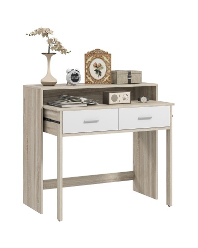 2-Tier Console Table with Extendable Top and 2 Wooden Drawers, 95x35x87cm, Oak