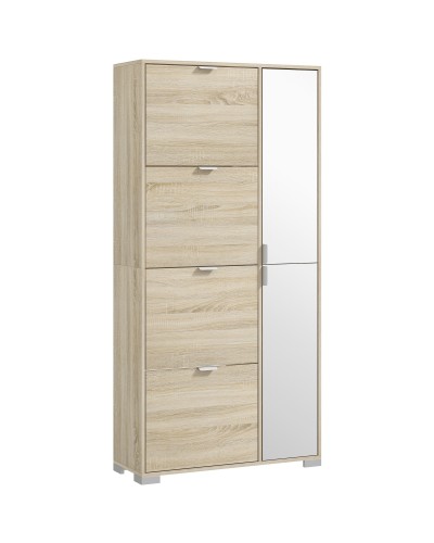  Scarpiera con Specchio per 16 Paia di Scarpe, 4 Cassetti a Ribalta e 2 Armadietti, 82x30x168cm, Rovere