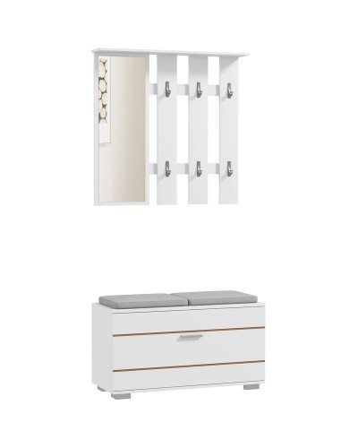 White Entryway Furniture Set with Coat Rack, Mirror, Cushioned Bench, and 8-Pair Shoe Cabinet