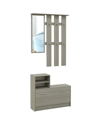  Set Mobili da Ingresso con Appendiabiti, Specchio, Panca con Scaffale e Scarpiera per 8 Paia di Scarpe, Grigio