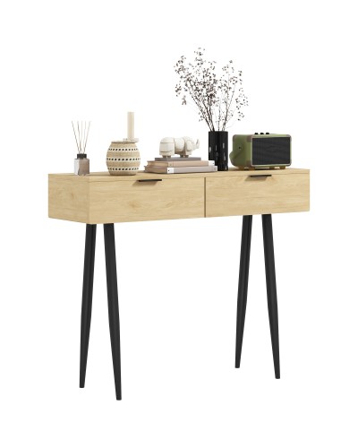 Nordic Style Entryway Console Table with 2 Drawers in Wood and Steel, 100x30x80.5 cm, Oak