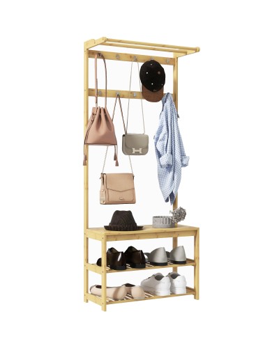 3-in-1 Bamboo Coat Rack with 10 Hooks, 2 Rails & Shoe Bench, 70x31x170 cm, Brown
