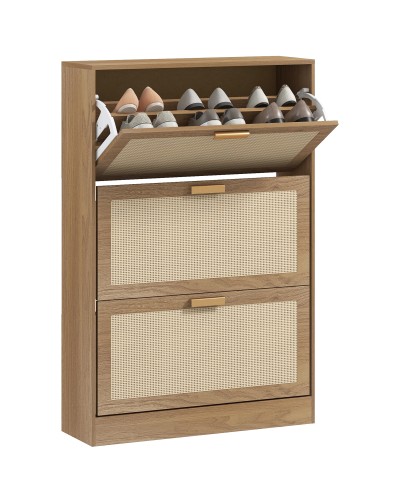  Mobile Scarpiera per 18 Paia di Scarpe con 3 Cassetti Ribaltabili in Legno e Rattan, 80x25x120 cm, Marrone